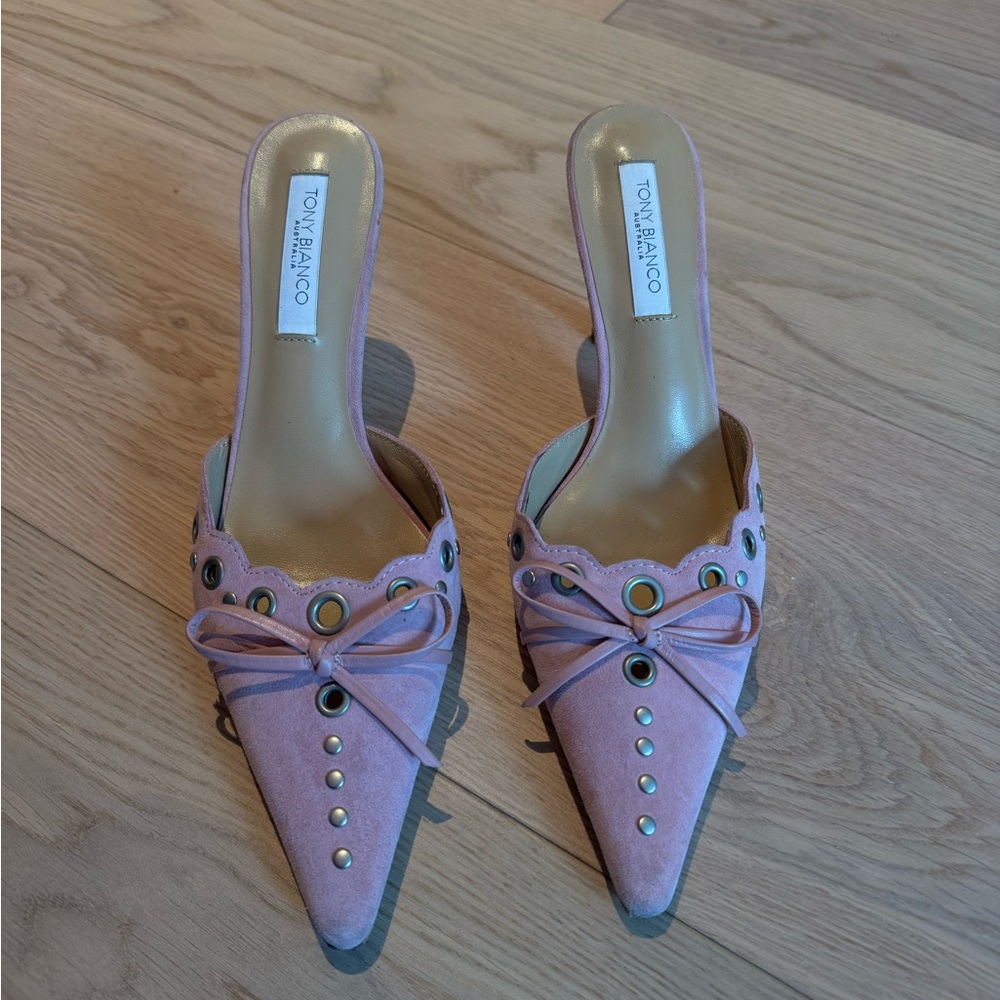 Tony Bianco Pink Suede Mules with Bow Detail